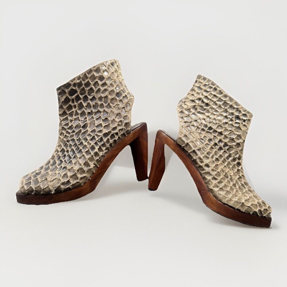 Salpy Artisan Snakeskin Leather Hand Made Wood Heel Open Toe Boots Sz 7 Brown - Picture 13 of 16